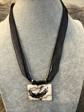 Handmade Feather Pendant Necklace in Black and White